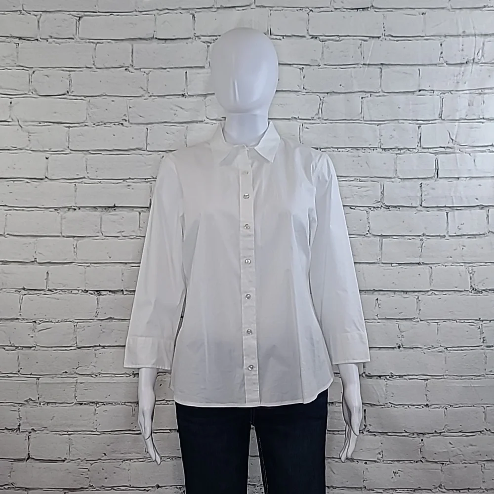J Crew Stretch Cotton Perfect Fitted Button Front 3/4 Sleeve Blouse/Shirt White